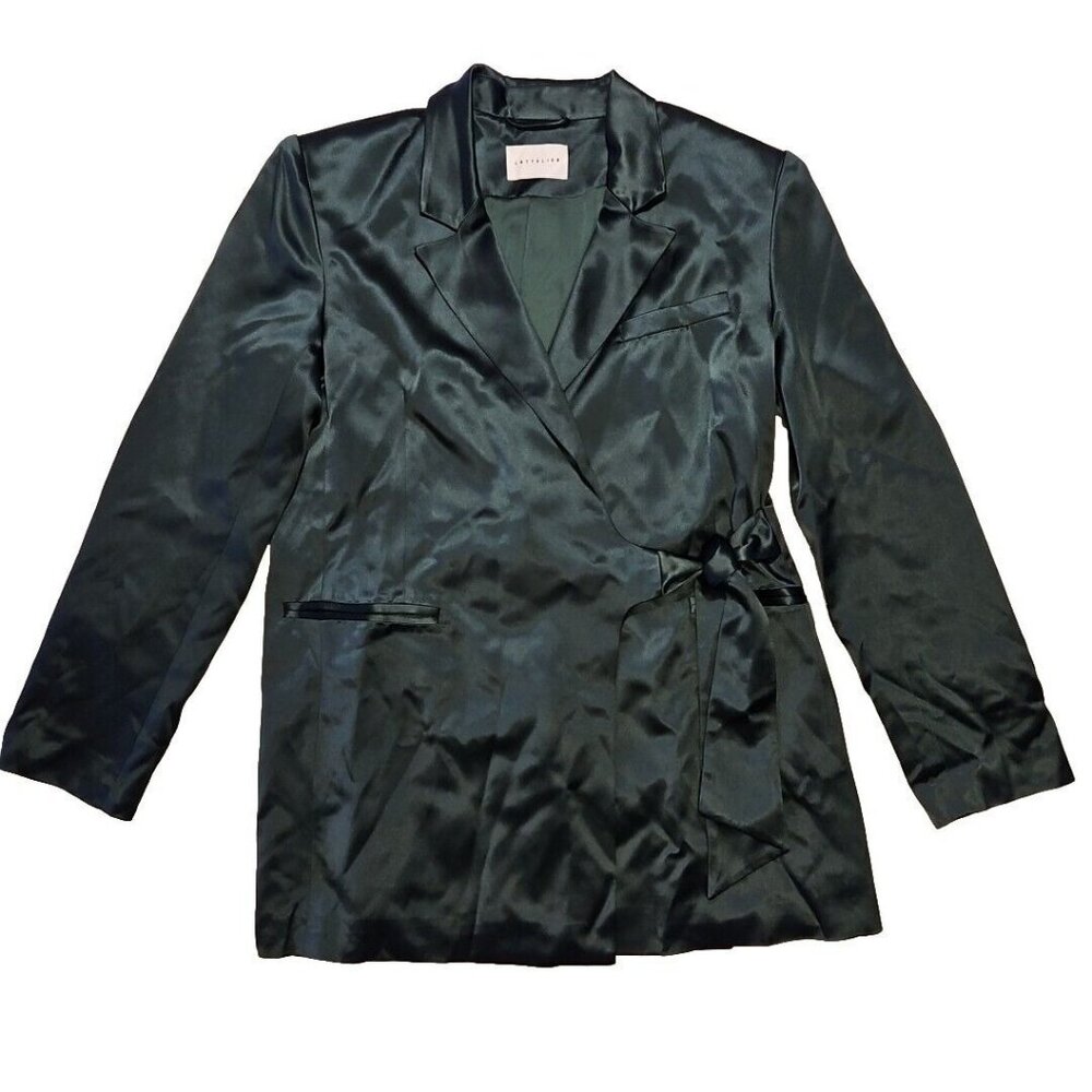 Lattelier Pant Suit Womens M Tie Waist Tuxedo Blazer Satin Green Trouser Outfit - Picture 5 of 16